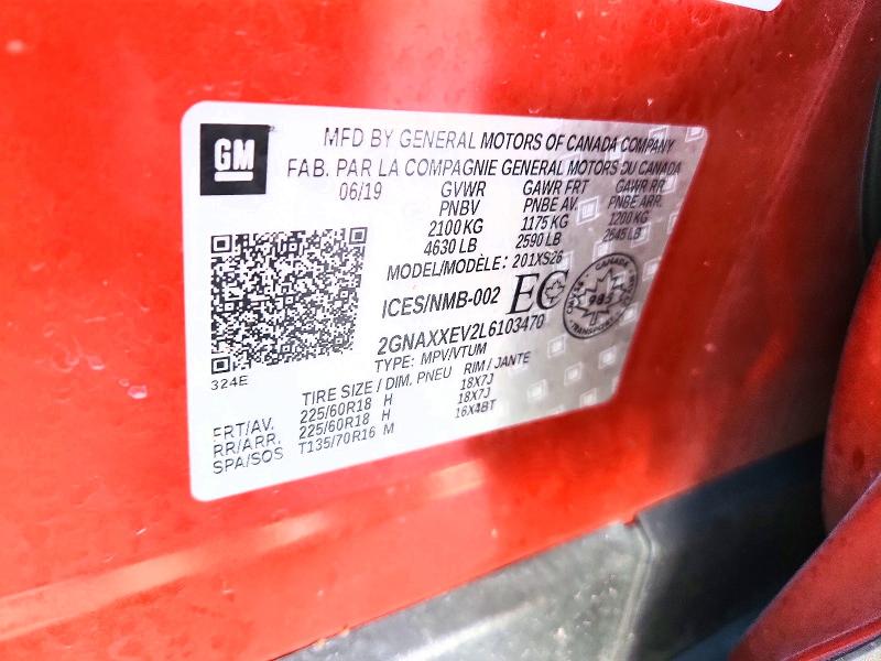 2020 Chevrolet Equinox მანქანა იყიდება აუქციონზე, vin: 2GNAXXEV2L6103470, აუქციონის ნომერი: 57779236