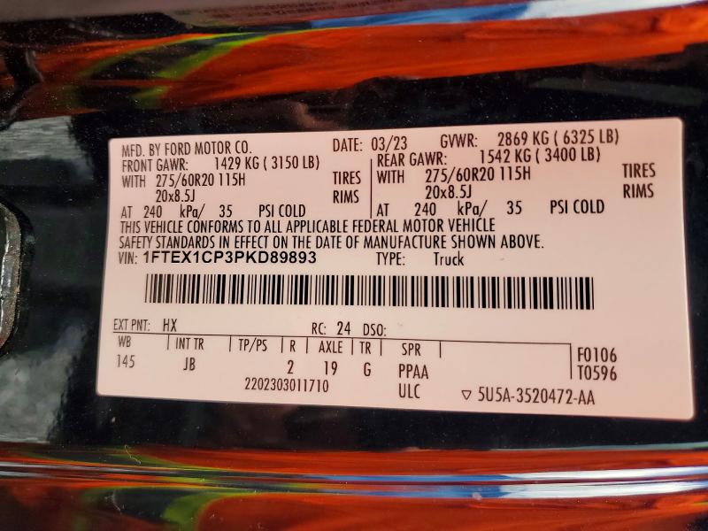 Aukcja sprzedaży 2023 Ford F150, vin: 1FTEX1CP3PKD89893, numer aukcji: 58223376