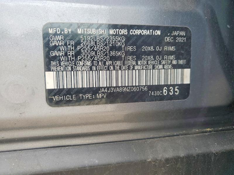 2022 Mitsubishi Outlander მანქანა იყიდება აუქციონზე, vin: JA4J3VA89NZ060756, აუქციონის ნომერი: 55438196