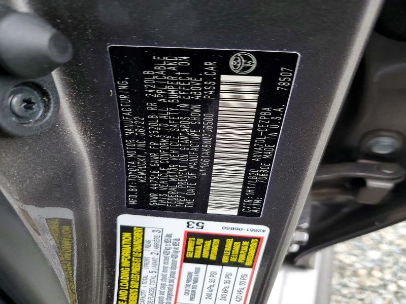 2022 Toyota Camry მანქანა იყიდება აუქციონზე, vin: 4T1K61AK8NU706500, აუქციონის ნომერი: 85610005