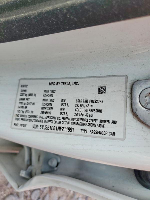 Продажа на аукционе авто 2022 Tesla Model 3, vin: 5YJ3E1EB1NF211991, номер лота: 56148376