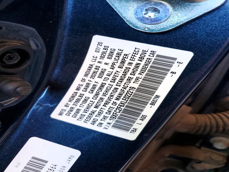 Продажа на аукционе авто 2020 Honda Civic, vin: 19XFC2F6XLE022219, номер лота: 56530826