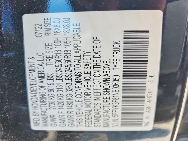 2022 Honda Ridgeline მანქანა იყიდება აუქციონზე, vin: 5FPYK3F81NB036050, აუქციონის ნომერი: 56811796