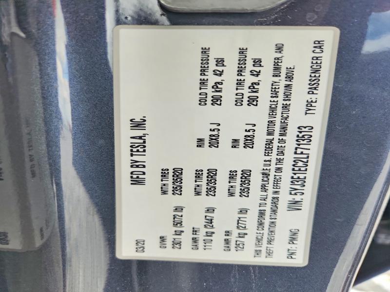 49988266 :رقم المزاد ، 5YJ3E1EC2LF713513 vin ، 2020 Tesla Model 3 مزاد بيع