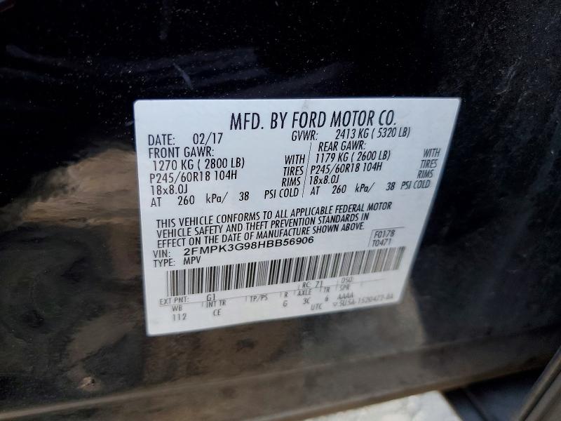 57625996 :رقم المزاد ، 2FMPK3G98HBB56906 vin ، 2017 Ford Edge مزاد بيع