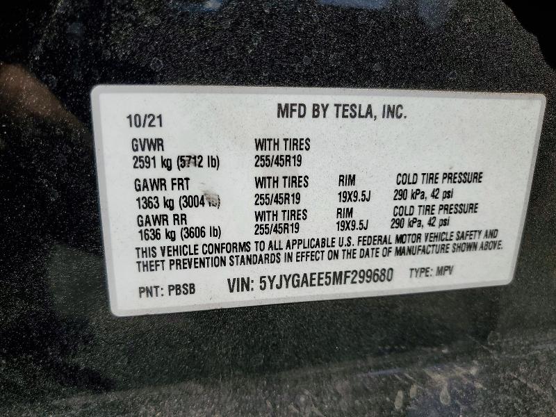2021 Tesla Model Y მანქანა იყიდება აუქციონზე, vin: 5YJYGAEE5MF299680, აუქციონის ნომერი: 55458056