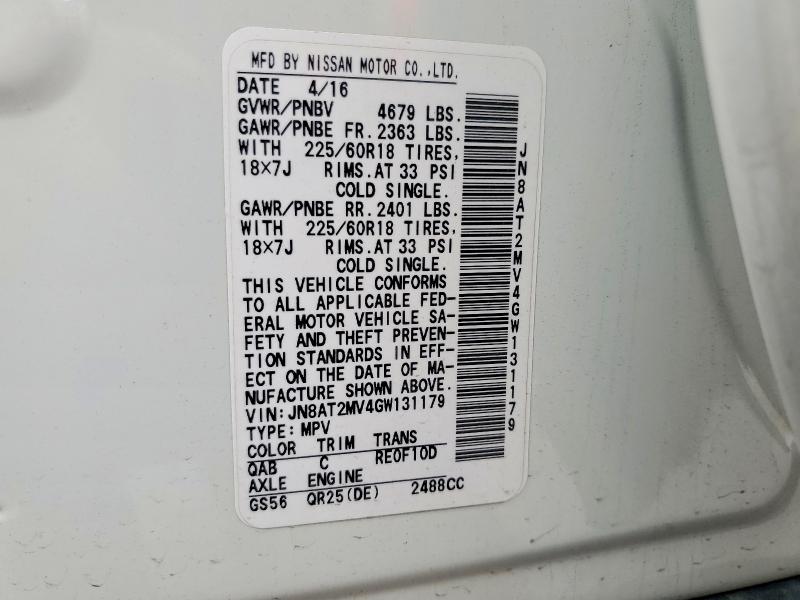 2016 Nissan Rogue მანქანა იყიდება აუქციონზე, vin: JN8AT2MV4GW131179, აუქციონის ნომერი: 58708396