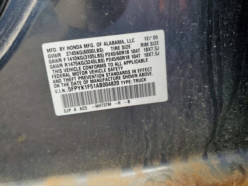 Aukcja sprzedaży 2010 Honda Ridgeline, vin: 5FPYK1F51AB004820, numer aukcji: 57670156
