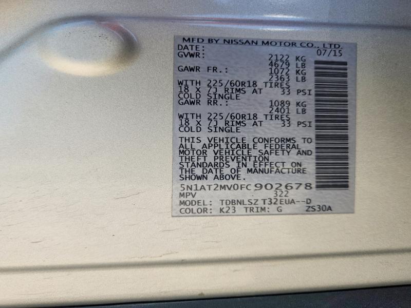 2015 Nissan Rogue მანქანა იყიდება აუქციონზე, vin: 5N1AT2MV0FC902678, აუქციონის ნომერი: 55629536
