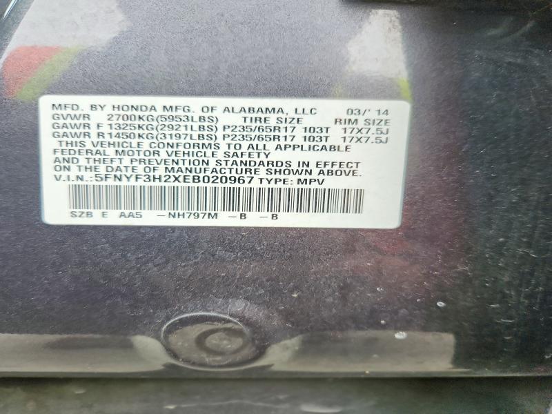 57186106 :رقم المزاد ، 5FNYF3H2XEB020967 vin ، 2014 Honda Pilot مزاد بيع