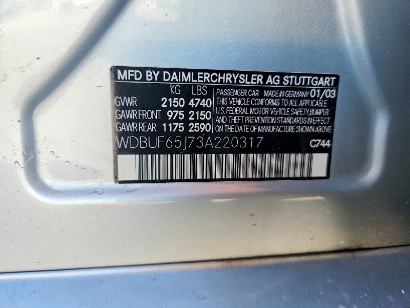 57085356 :رقم المزاد ، WDBUF65J73A220317 vin ، 2003 Mercedes-benz E مزاد بيع