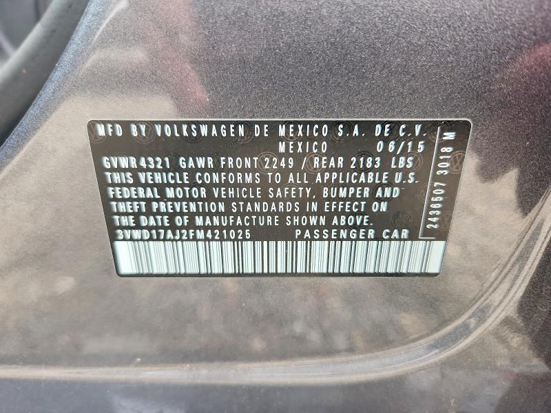 2015 Volkswagen Jetta მანქანა იყიდება აუქციონზე, vin: 3VWD17AJ2FM421025, აუქციონის ნომერი: 57949896