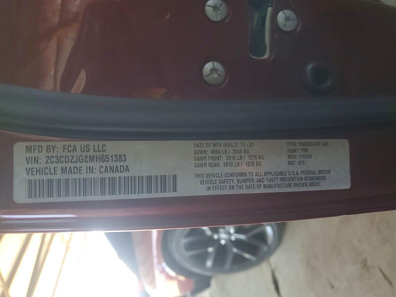 2021 Dodge Challenger მანქანა იყიდება აუქციონზე, vin: 2C3CDZJG8MH651383, აუქციონის ნომერი: 55627176