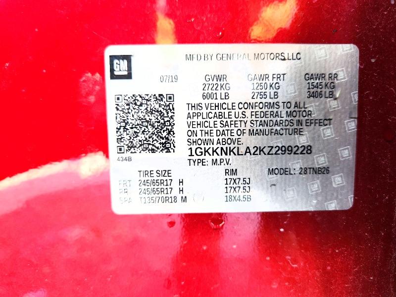 57031106 :رقم المزاد ، 1GKKNKLA2KZ299228 vin ، 2019 Gmc Acadia مزاد بيع