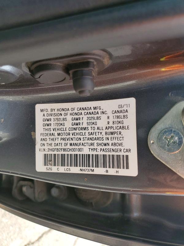 Продаж на аукціоні авто 2012 Honda Civic, vin: 2HGFB2F86CH301001, номер лоту: 58442956