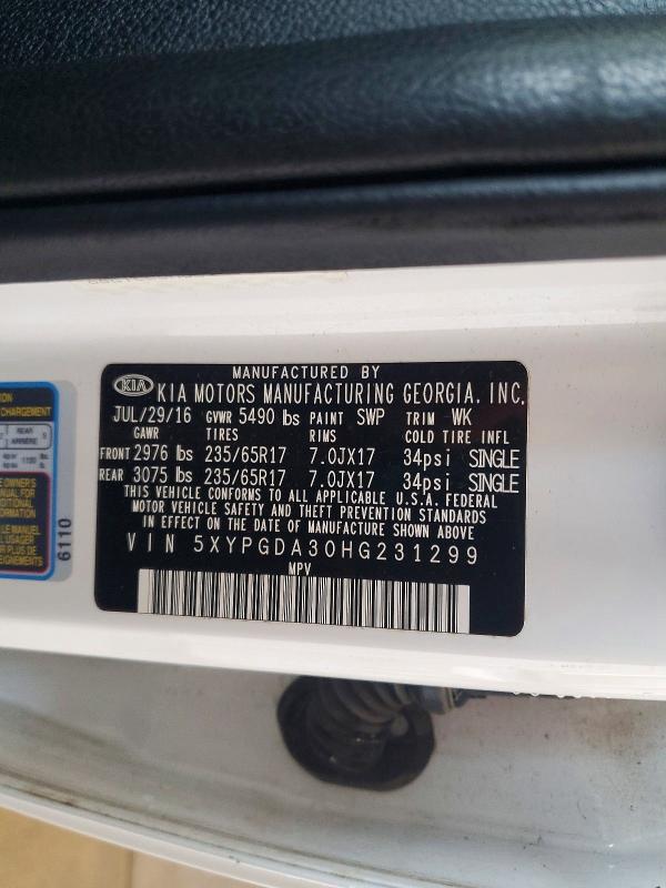 58743256 :رقم المزاد ، 5XYPGDA30HG231299 vin ، 2017 Kia Sorento مزاد بيع
