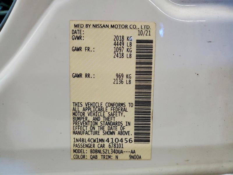 2021 Nissan Altima მანქანა იყიდება აუქციონზე, vin: 1N4BL4CW1MN410456, აუქციონის ნომერი: 58328976