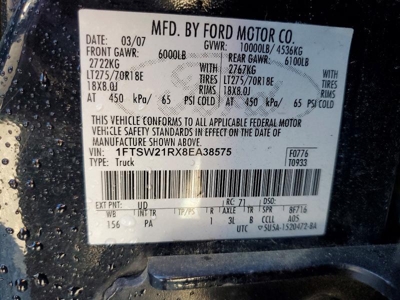 56143786 :رقم المزاد ، 1FTSW21RX8EA38575 vin ، 2008 Ford F250 مزاد بيع