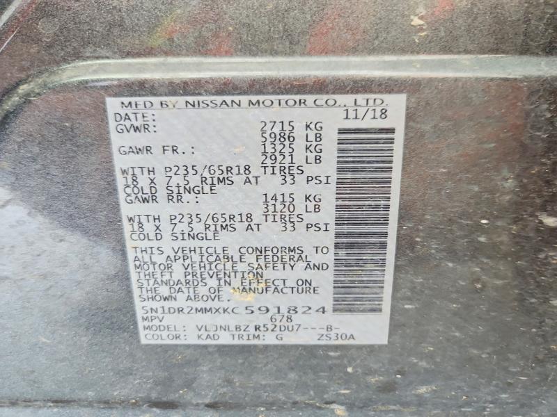 56143666 :رقم المزاد ، 5N1DR2MMXKC591824 vin ، 2019 Nissan Pathfinder مزاد بيع