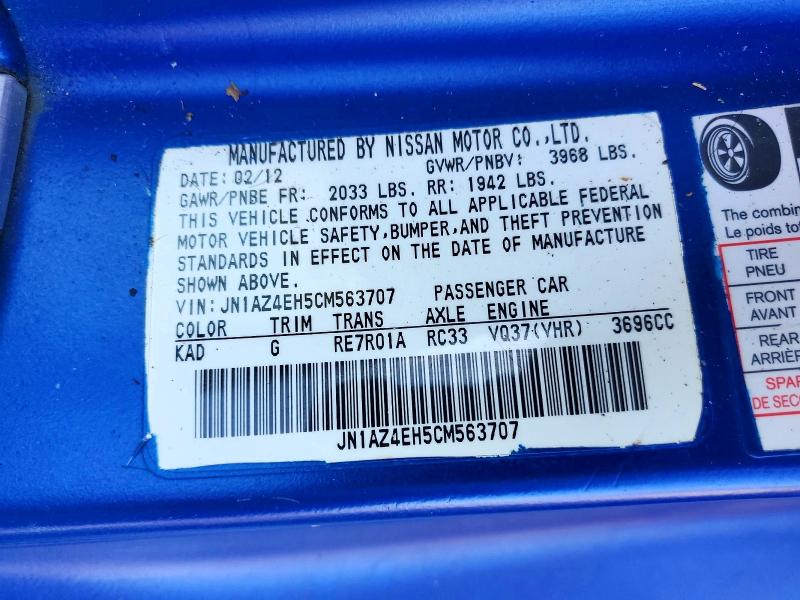 2012 Nissan 370z მანქანა იყიდება აუქციონზე, vin: JN1AZ4EH5CM563707, აუქციონის ნომერი: 59195466