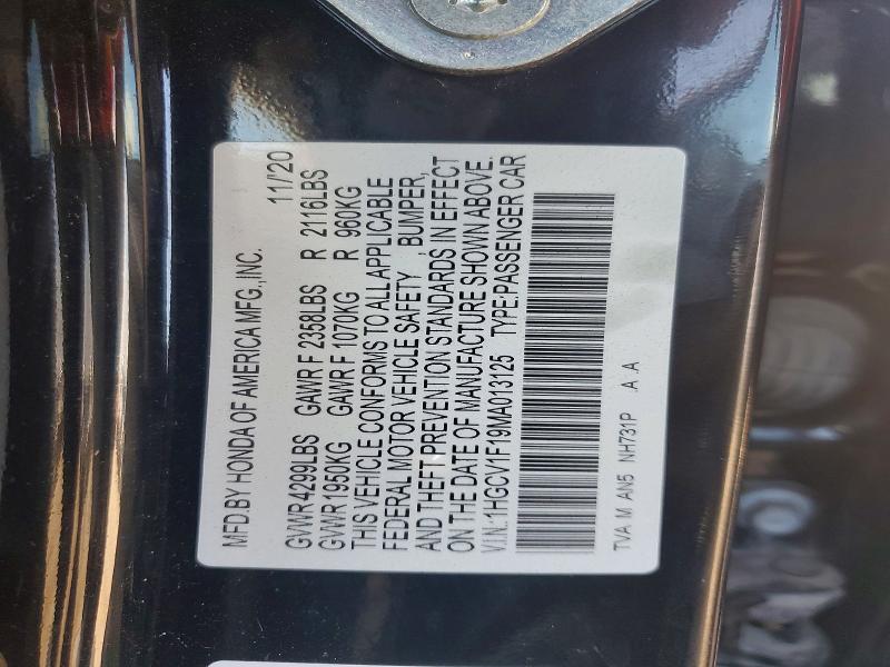 Продажа на аукционе авто 2021 Honda Accord, vin: 1HGCV1F19MA013125, номер лота: 57668726