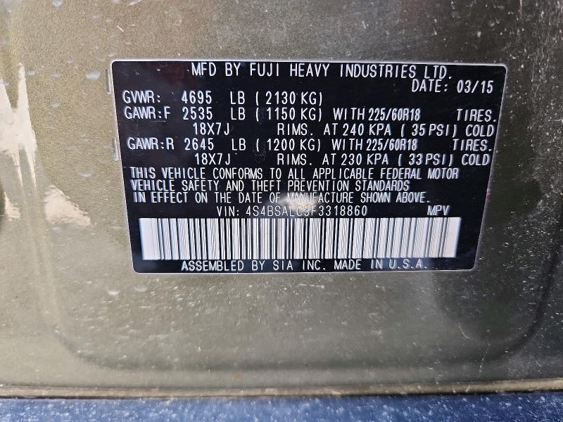 58001876 :رقم المزاد ، 4S4BSALC3F3318860 vin ، 2015 Subaru Outback مزاد بيع