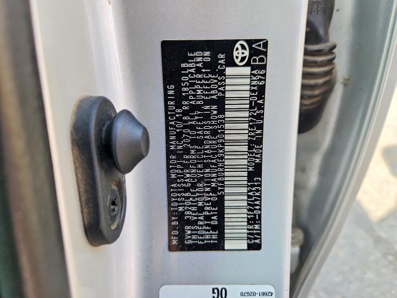 56043736 :رقم المزاد ، 5YFBURHE9KP901538 vin ، 2019 Toyota Corolla مزاد بيع