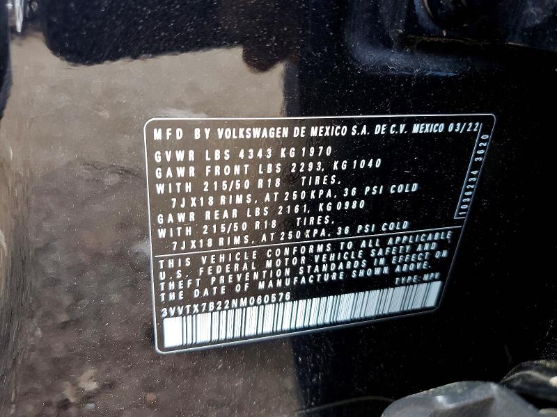 2022 Volkswagen Taos მანქანა იყიდება აუქციონზე, vin: 3VVTX7B22NM060576, აუქციონის ნომერი: 56184796