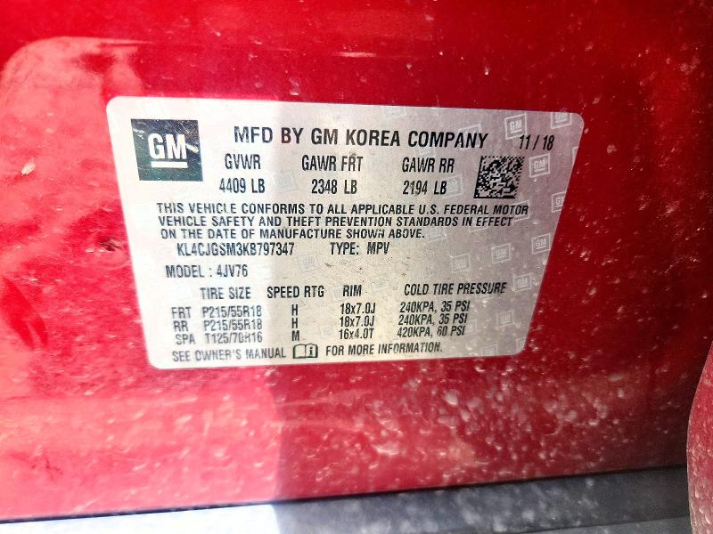 57972076 :رقم المزاد ، KL4CJGSM3KB797347 vin ، 2019 Buick Encore مزاد بيع
