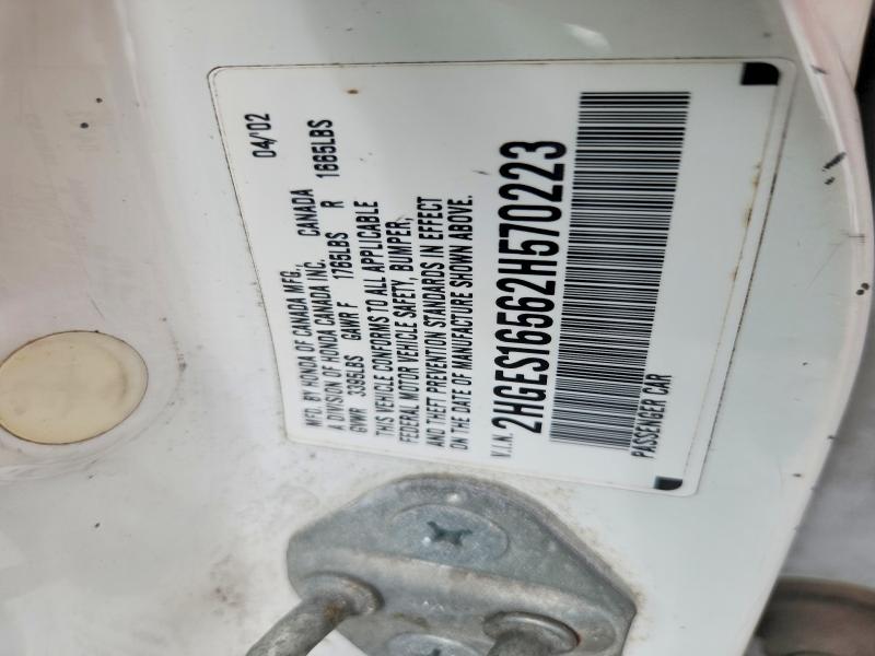 2002 Honda Civic მანქანა იყიდება აუქციონზე, vin: 2HGES16562H570223, აუქციონის ნომერი: 57379376