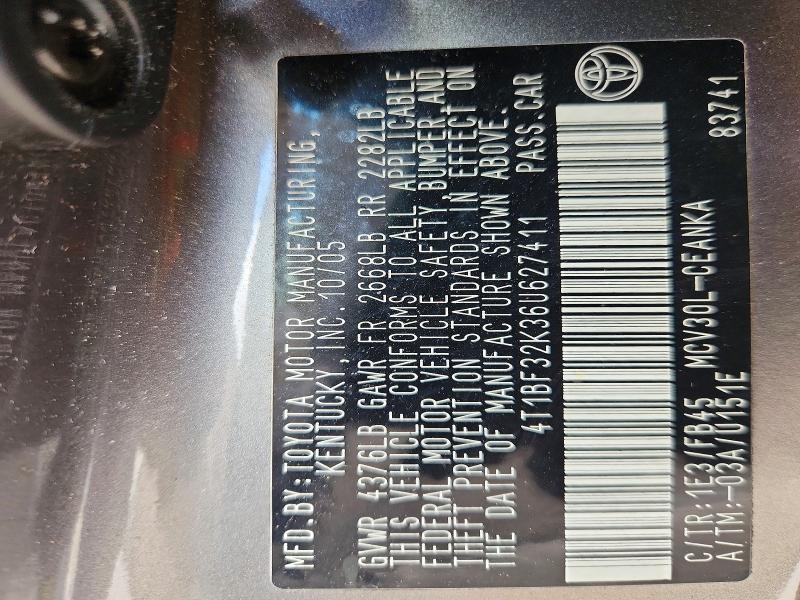 56638256 :رقم المزاد ، 4T1BF32K36U627411 vin ، 2006 Toyota Camry مزاد بيع