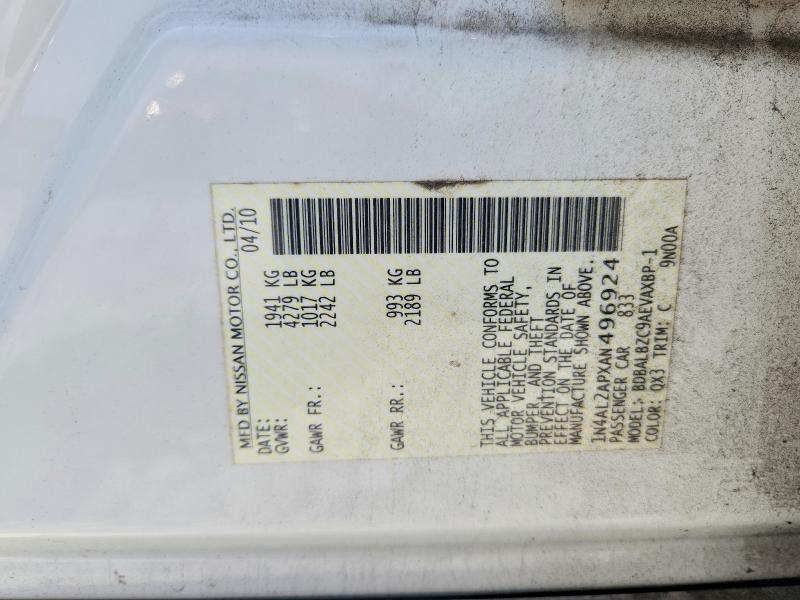 2010 Nissan Altima მანქანა იყიდება აუქციონზე, vin: 1N4AL2APXAN496924, აუქციონის ნომერი: 54913096
