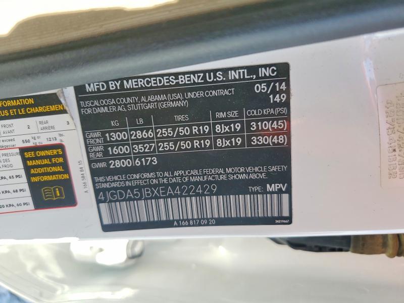 2014 Mercedes-benz Ml მანქანა იყიდება აუქციონზე, vin: 4JGDA5JBXEA422429, აუქციონის ნომერი: 58632226