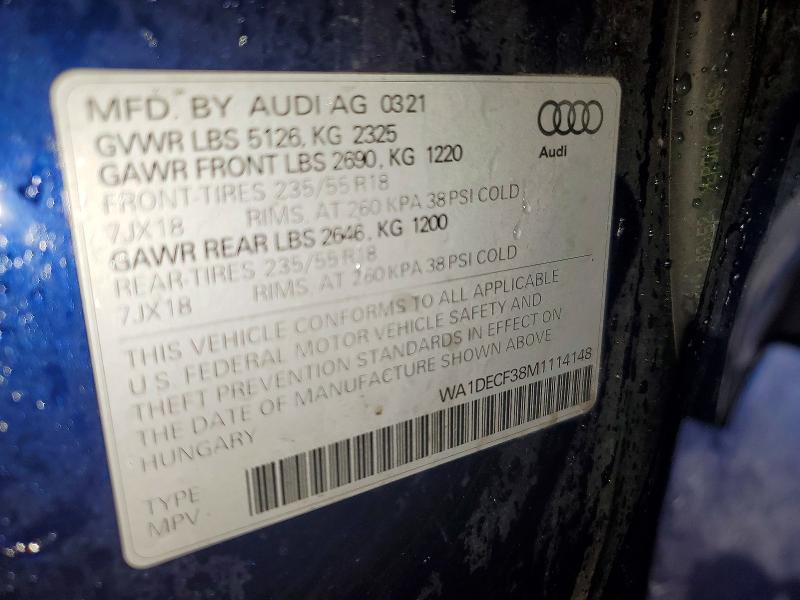 Aukcja sprzedaży 2021 Audi Q3, vin: WA1DECF38M1114148, numer aukcji: 58217286