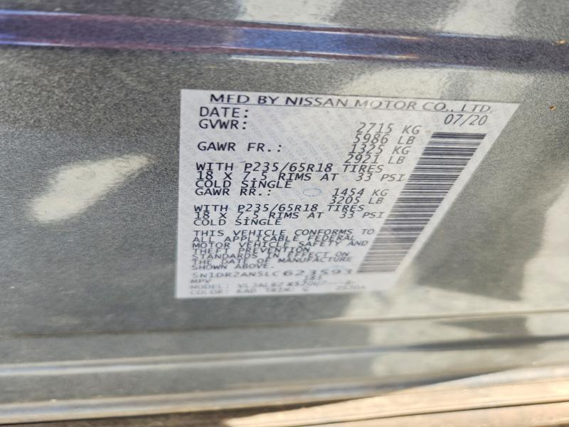 58655406 :رقم المزاد ، 5N1DR2AN5LC623593 vin ، 2020 Nissan Pathfinder مزاد بيع