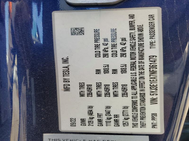 Продажа на аукционе авто 2022 Tesla Mdl 3, vin: 5YJ3E1EA7NF361479, номер лота: 59323066