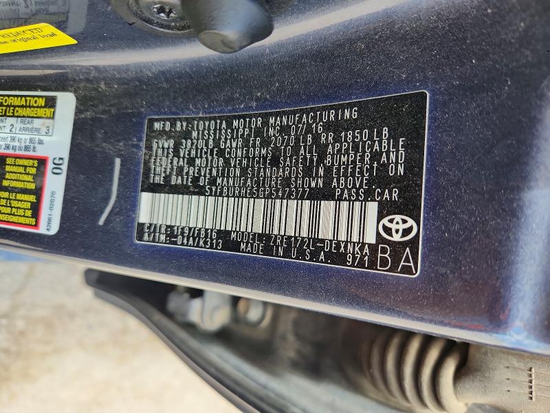 Продажа на аукционе авто 2016 Toyota Corolla, vin: 5YFBURHE5GP547377, номер лота: 56667376
