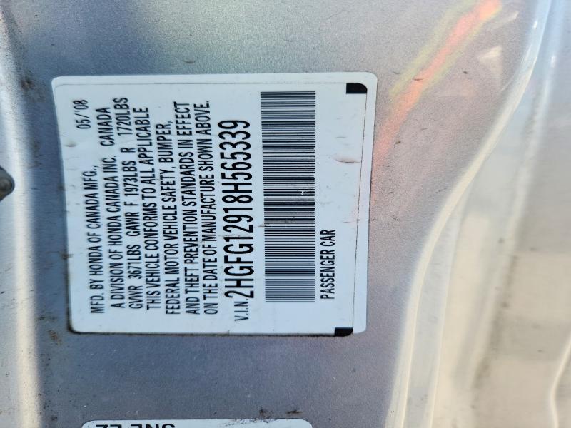 2008 Honda Civic მანქანა იყიდება აუქციონზე, vin: 2HGFG12918H565339, აუქციონის ნომერი: 55981306