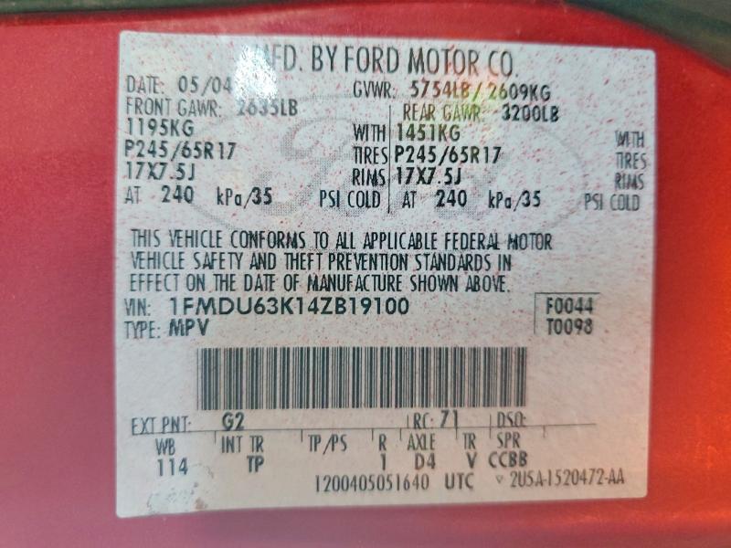2004 Ford Explorer მანქანა იყიდება აუქციონზე, vin: 1FMDU63K14ZB19100, აუქციონის ნომერი: 57423496