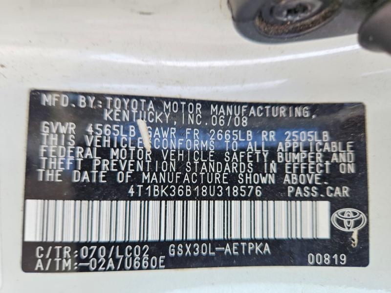 2008 Toyota Avalon მანქანა იყიდება აუქციონზე, vin: 4T1BK36B18U318576, აუქციონის ნომერი: 55844356
