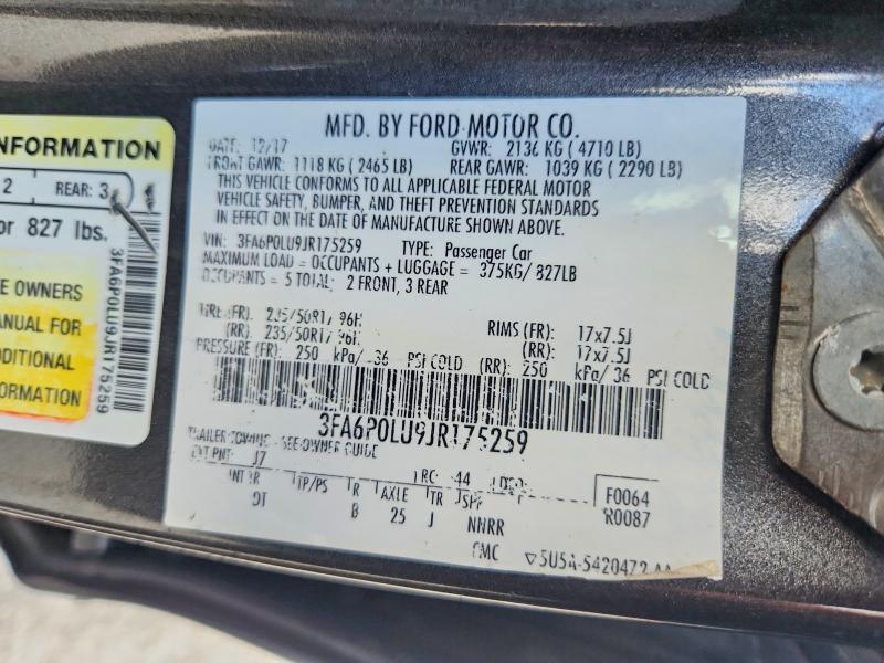 2018 Ford Fusion მანქანა იყიდება აუქციონზე, vin: 3FA6P0LU9JR175259, აუქციონის ნომერი: 58109756