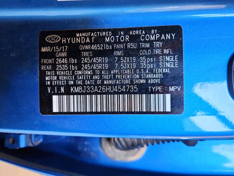 Aukcja sprzedaży 2017 Hyundai Tucson, vin: KM8J33A26HU454735, numer aukcji: 85604575