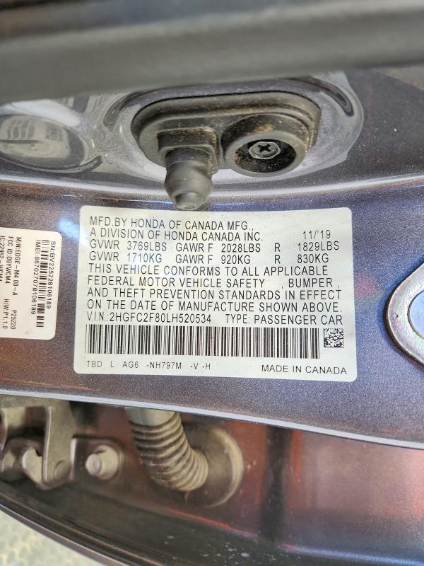 57624686 :رقم المزاد ، 2HGFC2F80LH520534 vin ، 2020 Honda Civic مزاد بيع