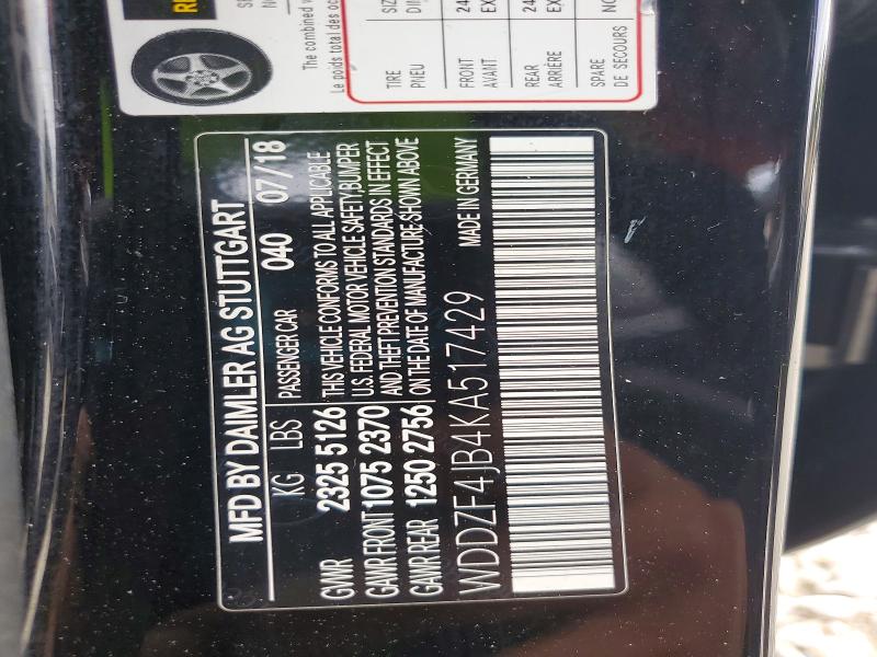 56464766 :رقم المزاد ، WDDZF4JB4KA517429 vin ، 2019 Mercedes-benz E مزاد بيع