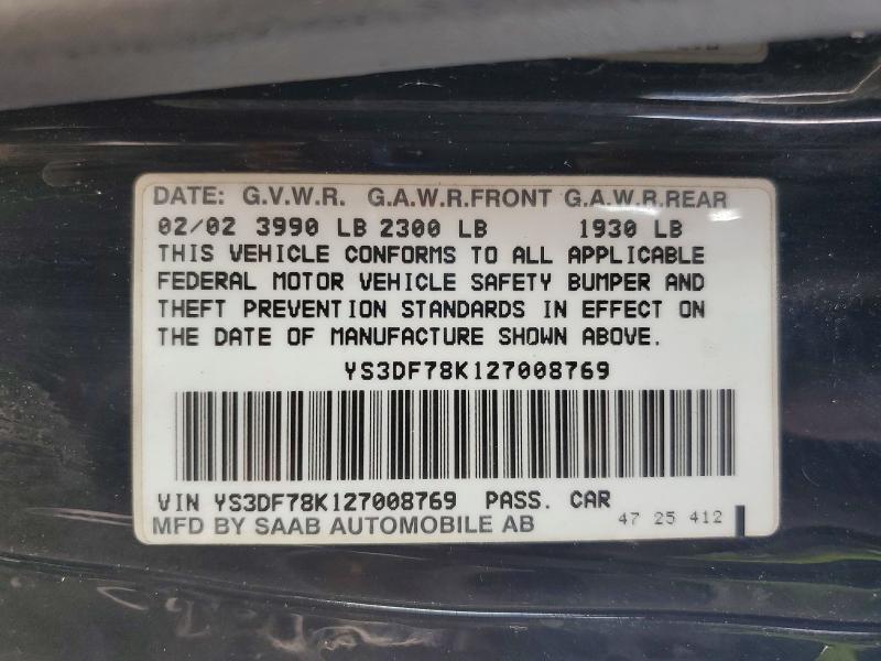 58087606 :رقم المزاد ، YS3DF78K127008769 vin ، 2002 Saab 9-3 مزاد بيع