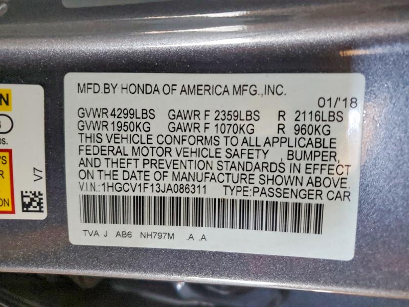 2018 Honda Accord მანქანა იყიდება აუქციონზე, vin: 1HGCV1F13JA086311, აუქციონის ნომერი: 58650306