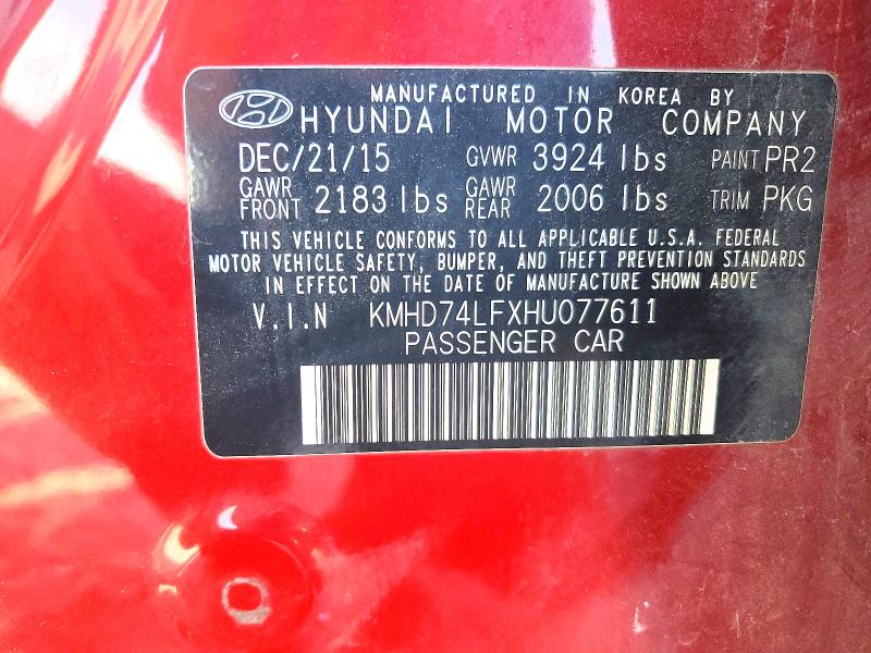 2017 Hyundai Elantra მანქანა იყიდება აუქციონზე, vin: KMHD74LFXHU077611, აუქციონის ნომერი: 58195206