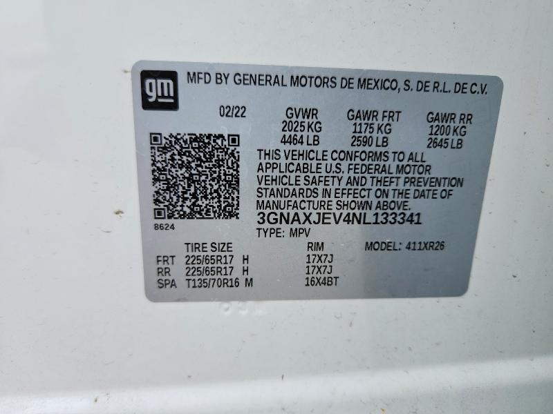 56264616 :رقم المزاد ، 3GNAXJEV4NL133341 vin ، 2022 Chevrolet Equinox مزاد بيع