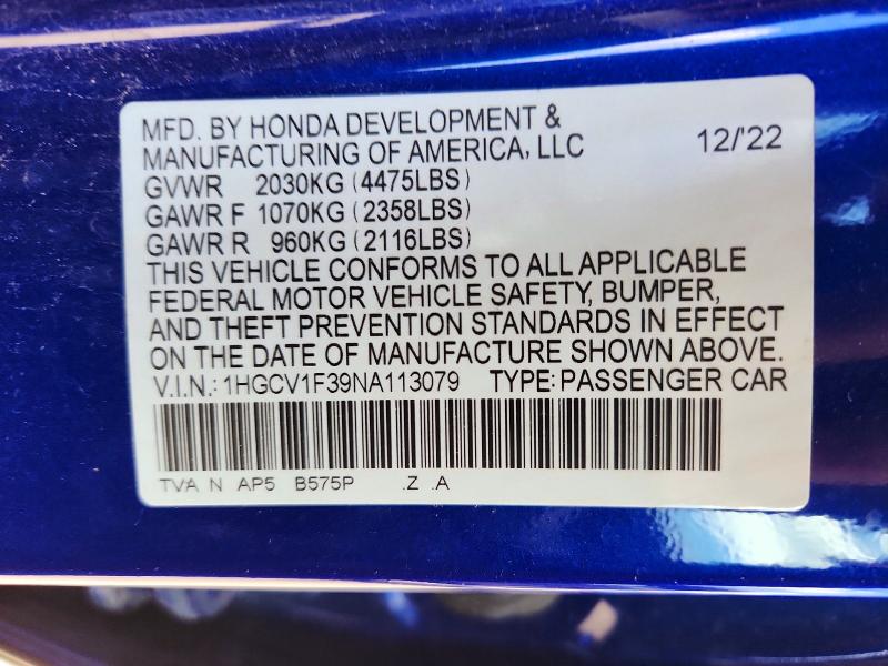 57543456 :رقم المزاد ، 1HGCV1F39NA113079 vin ، 2022 Honda Accord مزاد بيع