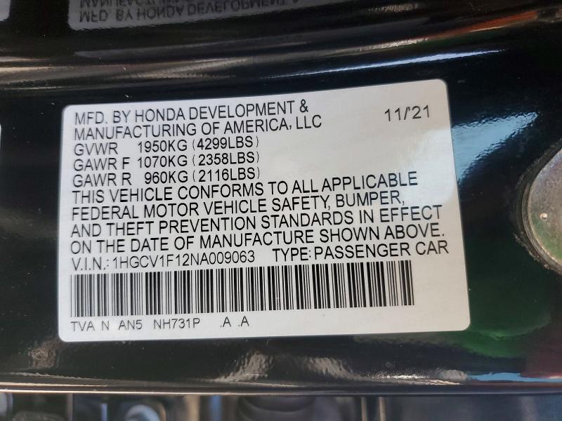 2022 Honda Accord მანქანა იყიდება აუქციონზე, vin: 1HGCV1F12NA009063, აუქციონის ნომერი: 56304976